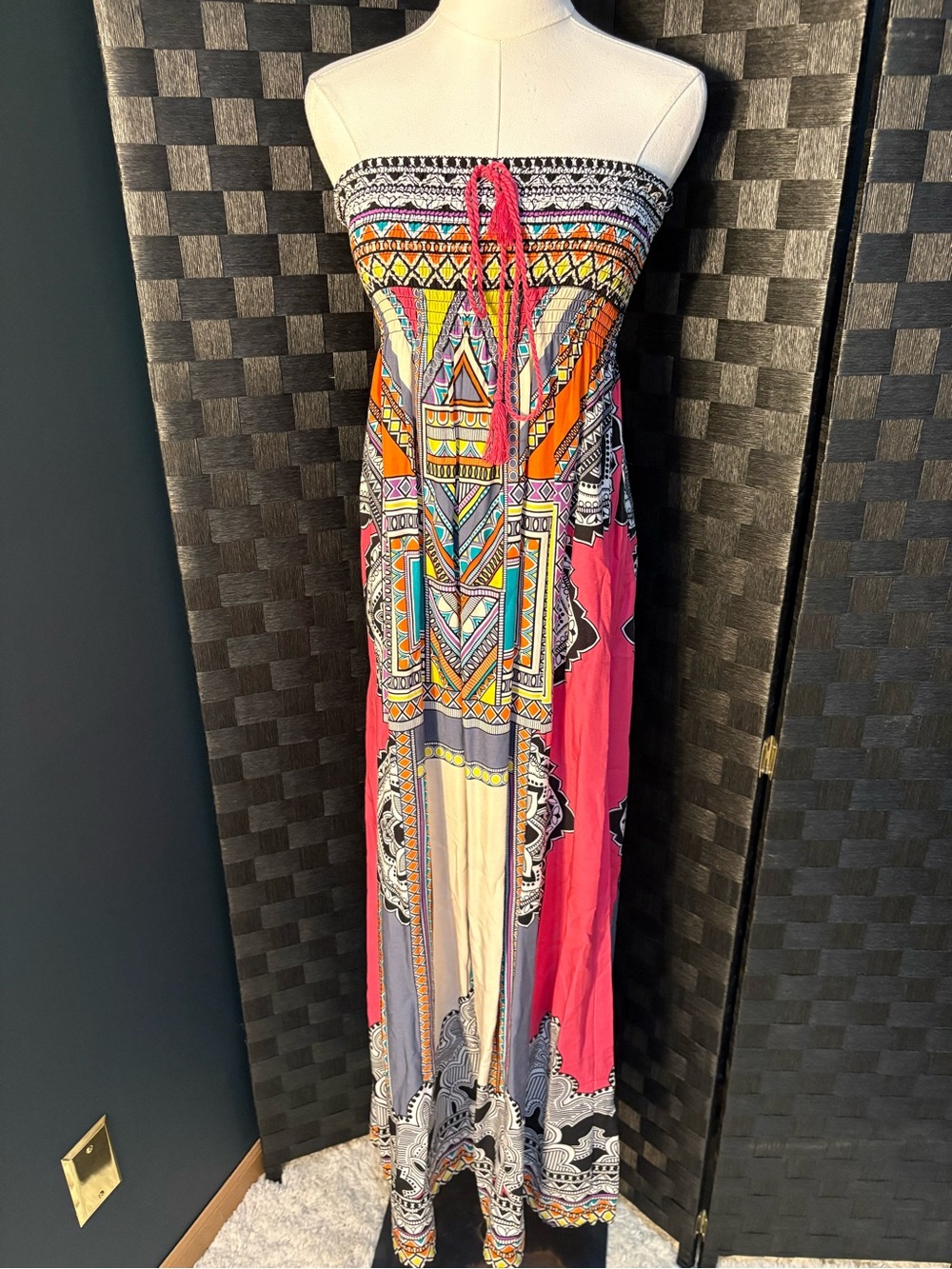 Flying Tomato Strapless Multicolor Boho Maxi Dress with Pink Accents